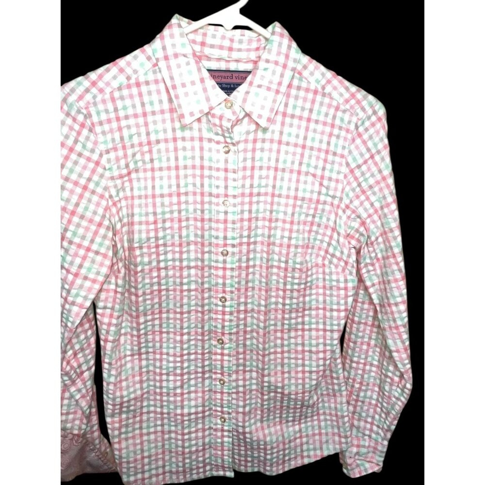 Vineyard Vines Long Sleeve Shirt Blouse 6 Pink Green Gingham Silk Flip Sleeve